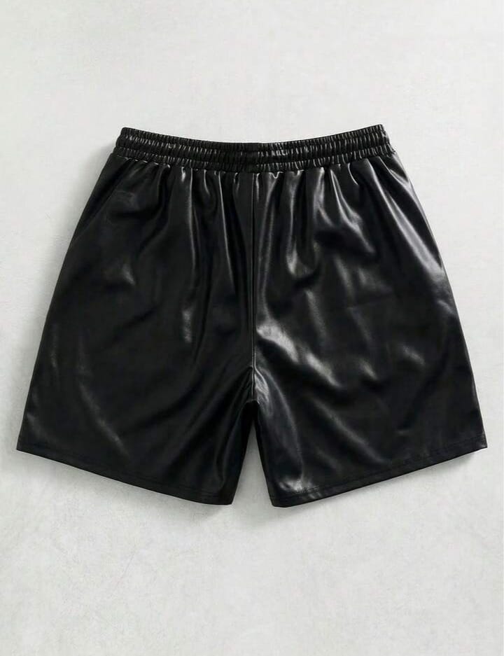 Men's Loose Drawstring Waist Cargo Pocket PU Leather Shorts